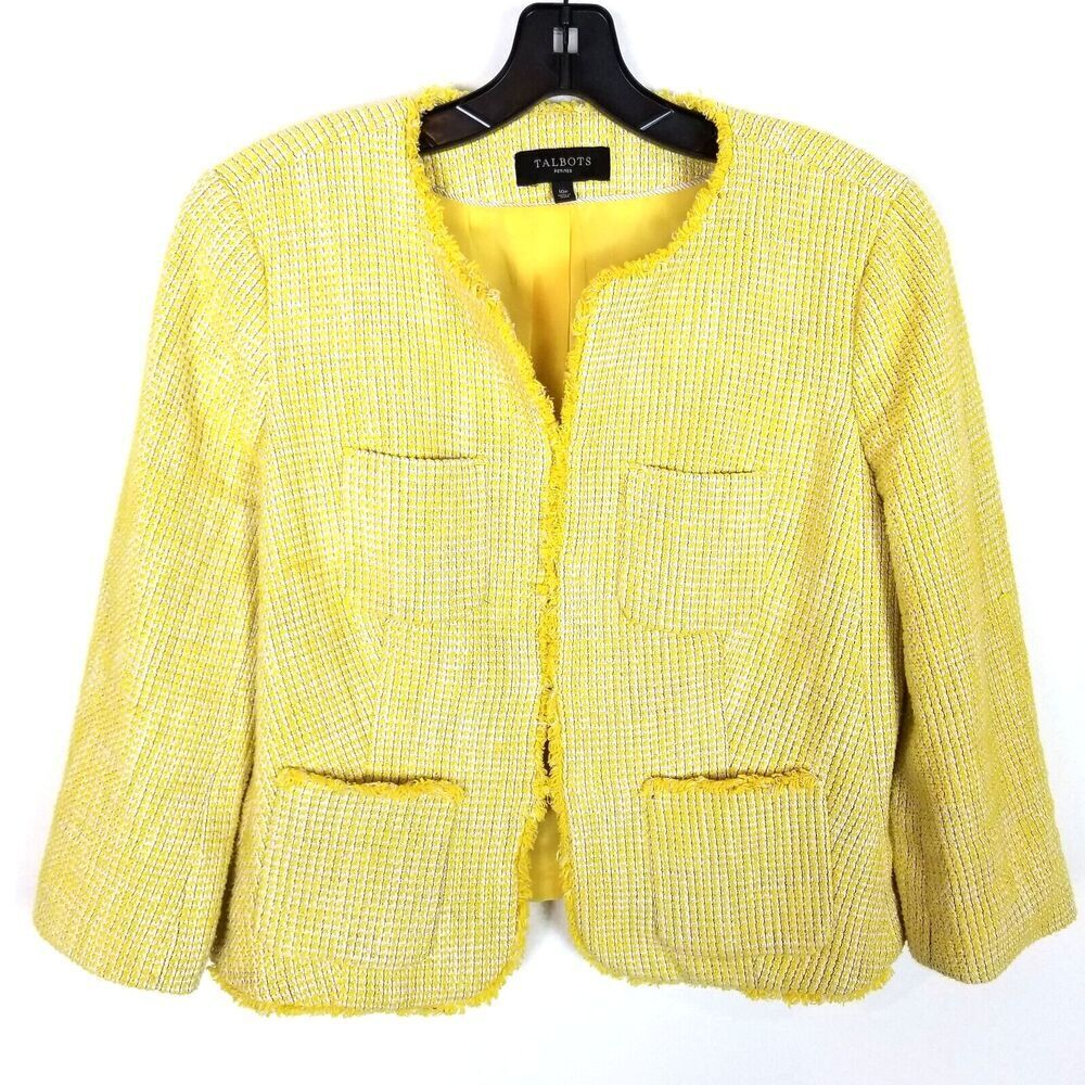 Talbots Women Tweed Yellow Frail Trim Cotton Blend Suit Jacket Sz 10 Petite